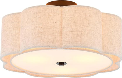 Semi Flush Mount Ceiling Light, Beige Linen Fabric Shade Ceiling Light, Black Modern Farmhouse Close to Ceiling Light for Bedroom, Hallway, Living Room, Dining Room, Laundry Room