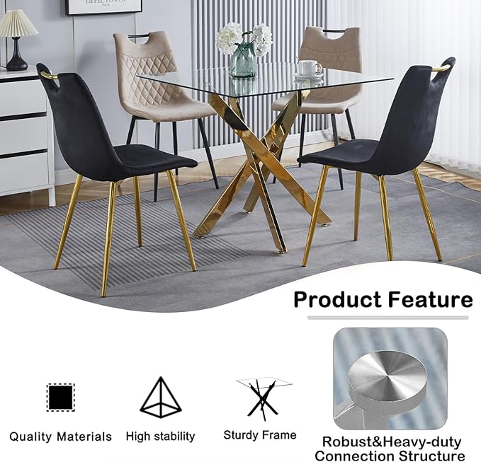 36" Square Dining Table for 2 3 4 People, Modern Dining Table with Gold Chrome Metal X-Shaped Legs, Small Glass Kitchen Tables Family Dinner Tables for Home Office Living Room