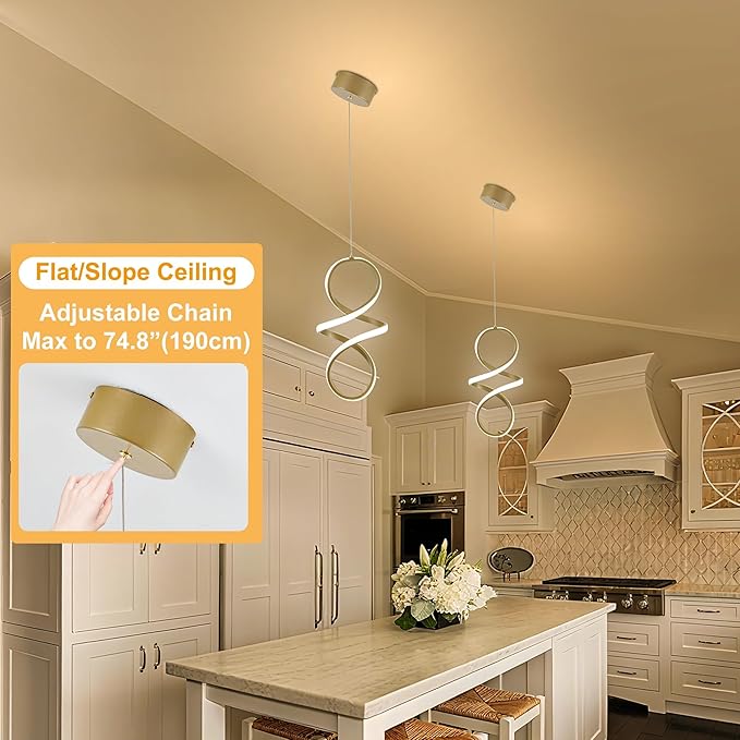 MAYNA Spiral Kitchen Island Pendant Lights, 4000K Modern Led Chandelier Light Fixture, 18W Adjustable Hanging Light Fixtures for Kitchen Island Dinning Room, 3 Pack (Gold)
