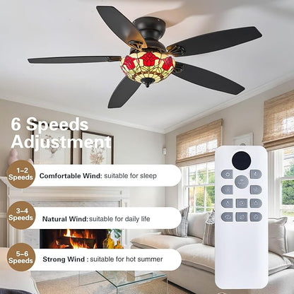 Tiffany Ceiling Fans with Lights - 52" Ceiling Fan Chandelier with 5 Dual-Blades and Glass Shade, 6 Speeds and Reversible, Indoor and Outdoor, Retro Style