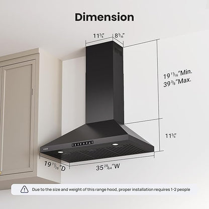 VIKIO HOME Wall Mount 36 Inch Range Hood 900 CFM, Ductless/Ducted Convertible, 3-speed Gesture Sensing & Touch Control, Black Painted Stainless Steel Vent Kitchen Hood with Permanent Baffle Filters