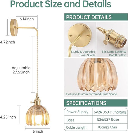 Shenmoyl Battery Operated Wall Sconce with Amber Tulip Shade Pattern Glass Adjustable Chain Retro Gold Wall Mounted Light, Modern Wall Lamp Fixtures Decor for Bedside Bedroom Indoor Doorway