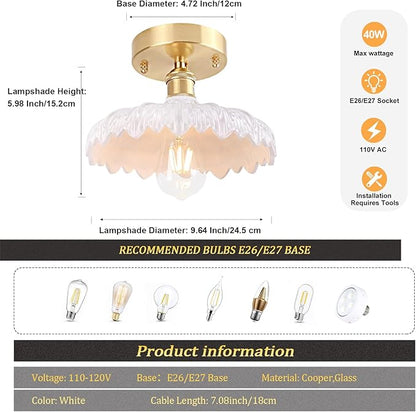 Shenmoyl Semi Flush Mount Light, Gold Hallway Vintage Fixture With White Flower Glass, Bulb Included, 4.72" Base Modern Ceiling Light for Porch Corridor Kitchen Bedroom
