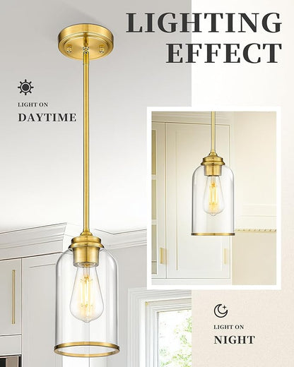 LIROUVET 2 Pack Pendant Lights, Vintage Hanging Lights, Brushed Gold Pendant Lights Kitchen Island with Clear Glass, Pendant Lighting for Dining Room PL02 CLBG-2PK
