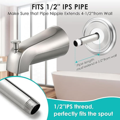 Universal Bathroom Tub Spout with Metal Tub Spout Cover Ring, 5 1/4 Inches Reach Wall Front Mount Faucet with Shower Diverter 1/2 IPS Inside Thread(Brushed Nickel)