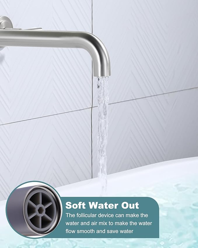WOWOW Wall Mount Tub Filler: Brushed Nickel Tub Faucet High Flow Two Handles Solid Brass, Long Spout Reach,Tub Faucet Bathroom Bathtub Faucets with 2 Handles with Brass Rough in Valve Included