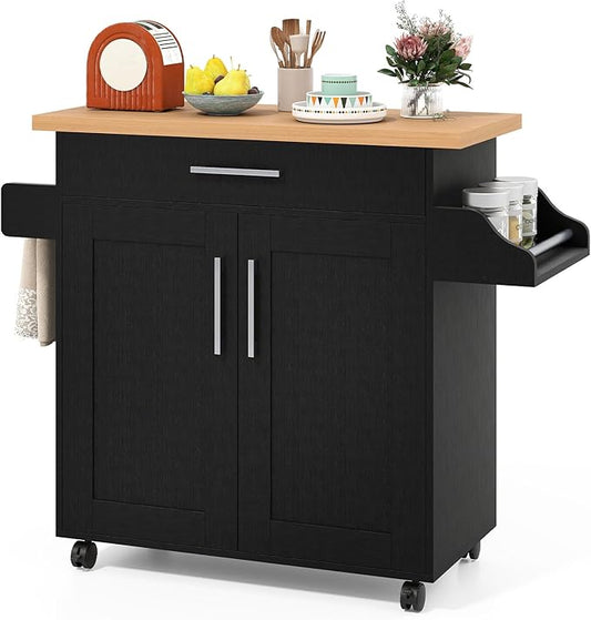 Giantex Kitchen Island, Rolling Kitchen Cart with Spice and Towel Rack, Large Drawer & 2-Door Storage Cabinet, Home Service Cart on Lockable Wheels, Wood Kitchen Trolley, Spacious Tabletop (Black)