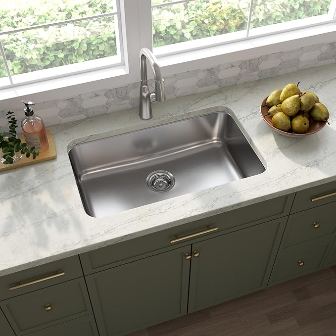 MSI 30 Inch Undermount Single Bowl 18 Gauge Stainless Steel Kitchen Bar Sink and Strainer