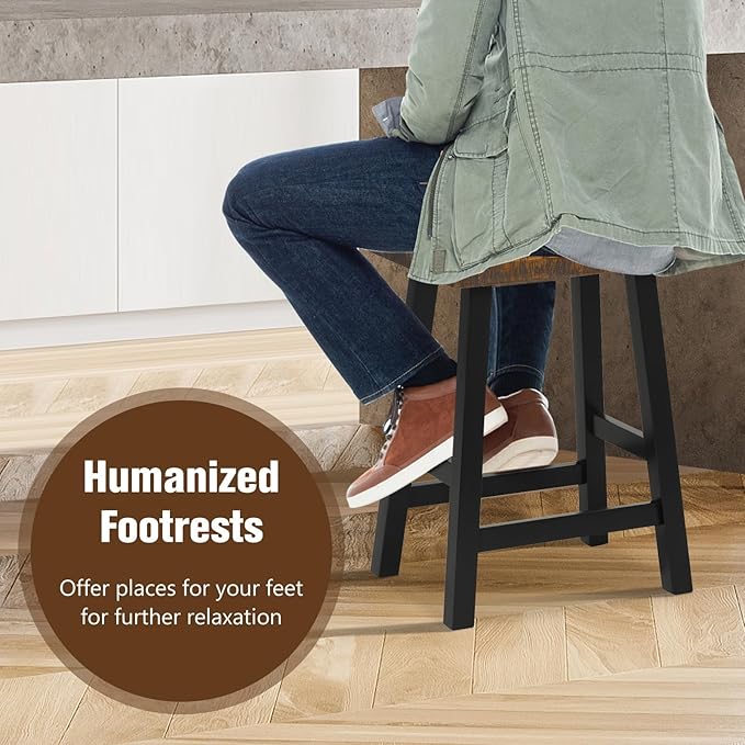 ERGOMASTER Wooden Backless Saddle Barstools Set of 2, 24-inch Counter Height Rustic Bar Stools with Rubber Wood Frame & Footrest for Kitchen Island, Dining Room, Pub