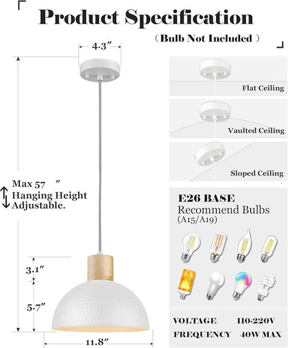 ELYONA 2 Pack Hammered Pendant Lights, 12" Modern Metal Dome Hanging Lamp Solid Wood Pendant Light Fixtures for Kitchen Island, Farmhouse, Dining Room, Sink, Bedroom, Hallway, Nordic White