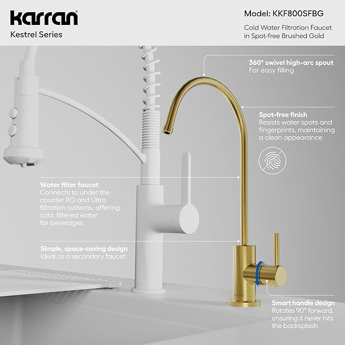 Karran Kestrel Single-Handle Filtered Water Faucet in Brushed Gold 100% Lead-Free Brass, RO/Filtration System Ready, 360° High-Arc Spout, Spot-Free Finish Beverage Faucet (Spot Free Brushed Gold)
