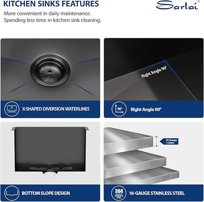 Sarlai Black Undermount Laundry Sink 24 Inch - 13 Inch Deep Undermount Laundry Utility Gunmetal Black Sink Single Bowl Kitchen Sinks 16 Gauge Stainless Steel Laundry Tub Sinks Basin 24"x19"x13"