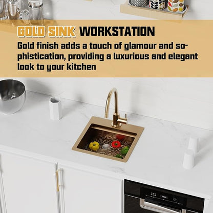Gold Kitchen & Bar Sink Workstation, 15"x15" Stainless Steel Drop-In Single Bowl With Gold-Tone Accessories - Stylish and Luxurious Look for Kitchens