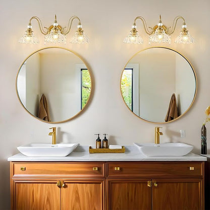 Vintage Bathroom Vanity Light, 3-Light Brushed Gold Finish Wall Sconce with Hanging Crystal Accents and Flower-Shaped Clear Glass Shades, Retro Wall Mount Vanity Light Over Mirror for Bathroom