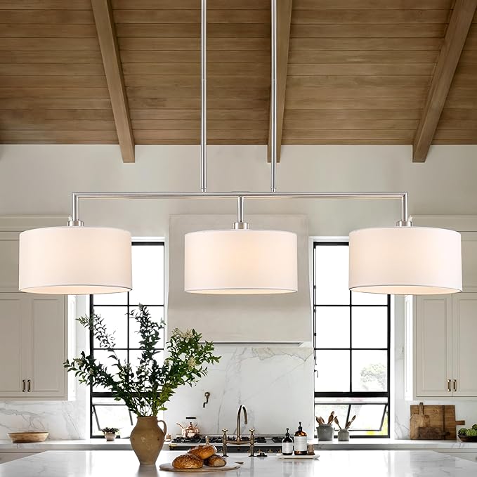 47" Linear Kitchen Island Lighting 3-Light Brushed Nickel Chandelier with White Fabric Drum Shade Adjustable Hanging Pendant Light for Dining Room Light Fixtures Over Table,Kitchen,Bar,Living Room,E26