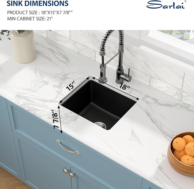 Sarlai 18 Black Kitchen Sink Granite Composite - 18 x 16 inch Bar Prep Sink Black Granite Composite Quartz Undermount Single Bowl Rectangular RV Camper Sinks Basin