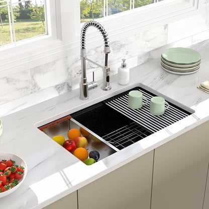 30 Granite Composite Kitchen Sink - 30x19 Inch Black Granite Kitchen Sinks Undermount Black Quartz Sink Ledge Workstation Classic Under Counter Single Bowl Sinks Basin