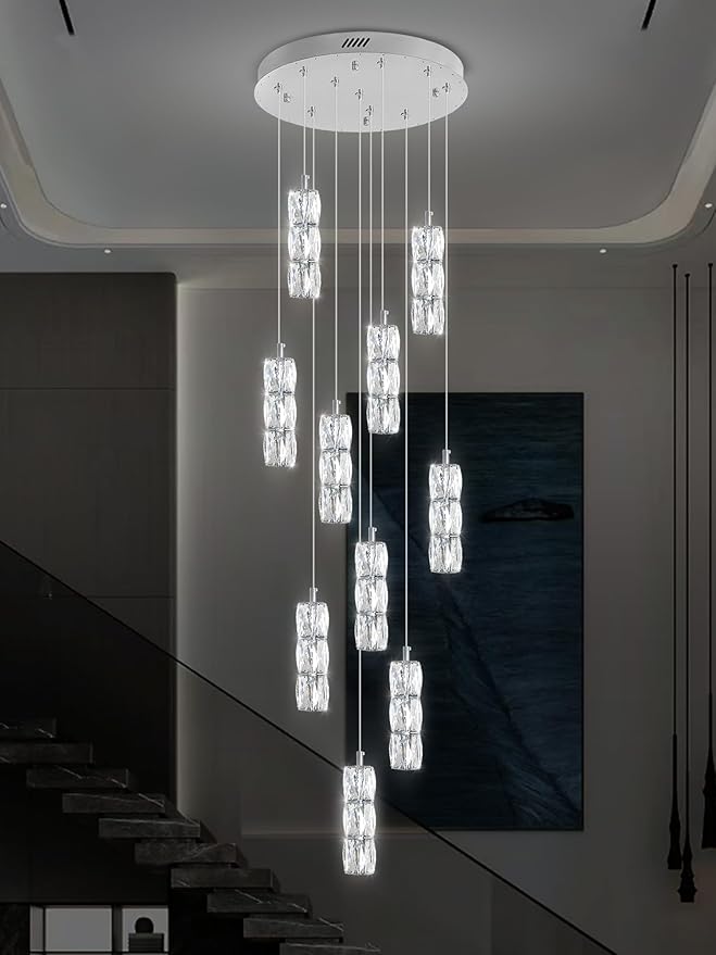 ykolupty Long Staircase Crystal Pendant Chandeliers 10-Lights Silver Column Crystal Chandeliers Foyer Entrance High Ceiling Hanging Chandelier 2700-6000k Dimmable Fixtures LED Big Chandeliers