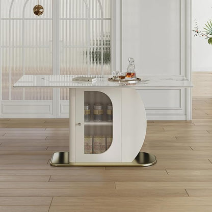 63" Modern Dining Table for 4-6, Sintered Stone with Storage, Solid Wood Base