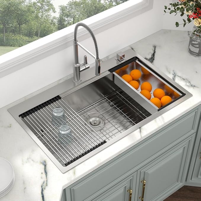 Kichae 36 Inch Drop in Kitchen Sink - 36x22 Drop Sink 16 Gauge Stainless Steel Ledge Workstation Single Bowl Topmount Overmount Handmade Basin