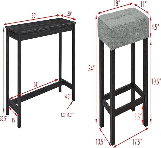 KEIKI 4-Piece Bar Table Set with 3 Upholstered Stools, Industrial Dining Table and Chairs Set with Built-in Power Outlet, Rectangular Kitchen Bar Table, Black