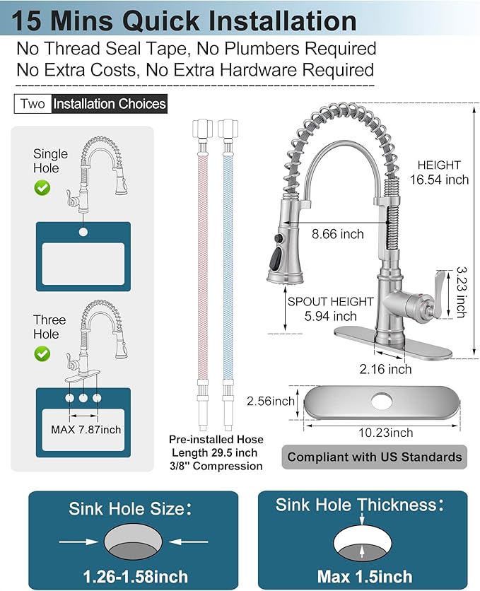 Pull-down Sprayer Kitchen Faucets Brushed Nickel 3 Mode Single Hole Kitchen Faucet 3 Hole, 360 Degree Swivel Stainless Steel Faucet for Kitchen Sink, 1 Handle Kitchen Sink Faucet with Deck Plate
