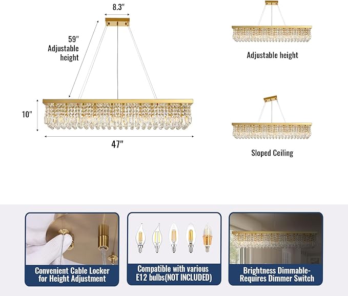 Modern Crystal Chandelier for Dining Room,10-Light K9 Rectangle Farmhouse Chandeliers,Gold Chandeliers,Pendant Light Kitchen Island Bar Bedroom Party Wedding Hotel