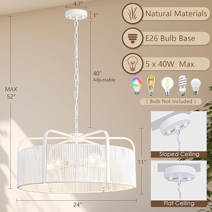 24” Rattan Chandelier, 5-Light Large Hand Woven Boho Chandelier with Fabric Shade, Farmhouse Light Fixtures for Dining Room & Kitchen Island (White, 24")