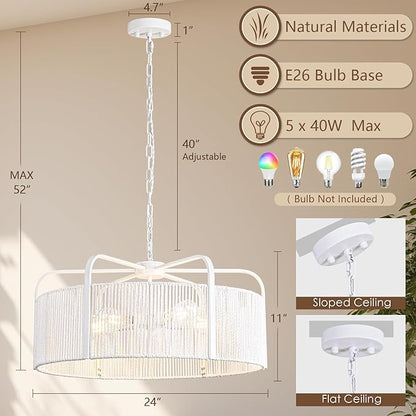 24” Rattan Chandelier, 5-Light Large Hand Woven Boho Chandelier with Fabric Shade, Farmhouse Light Fixtures for Dining Room & Kitchen Island (White, 24")