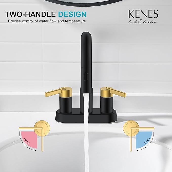 KENES Black and Gold Centerset Bathroom Faucet with Pull Out Sprayer, 4 Inch 2 Handle Pull Down Bathroom Sink Faucet 3 Hole, Bathroom Vanity Faucet with Pop Up Drain & Supply Lines LJ-9069-BG