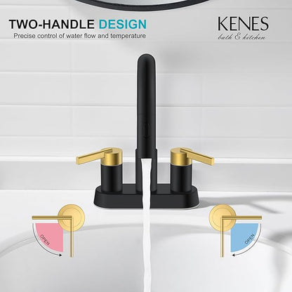 KENES Black and Gold Centerset Bathroom Faucet with Pull Out Sprayer, 4 Inch 2 Handle Pull Down Bathroom Sink Faucet 3 Hole, Bathroom Vanity Faucet with Pop Up Drain & Supply Lines LJ-9069-BG