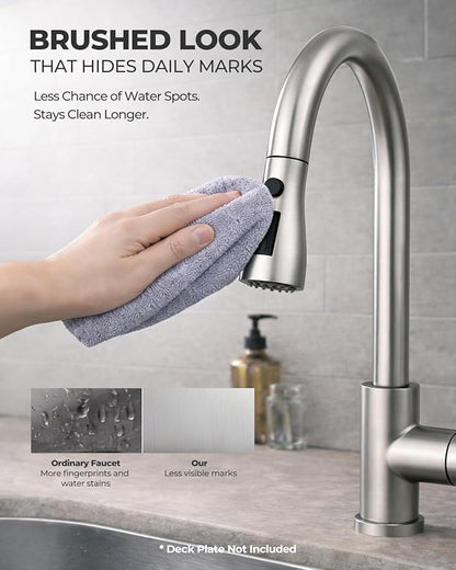 WEWE Kitchen Faucets with Pull Down Sprayer, Leak-Proof Stainless Steel Lead-Free Single Handle 1 Hole for Family Kitchen Commercial Camper Laundry Rv Bar, Brushed Nickel Bar Sink Faucet