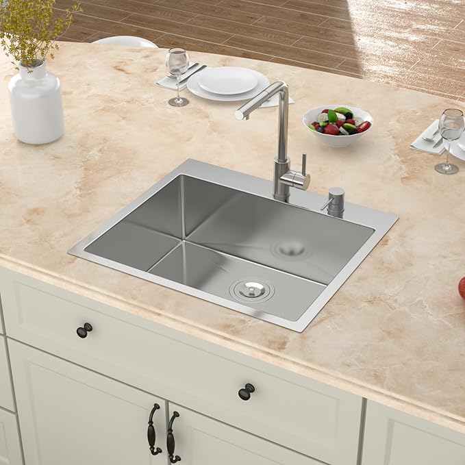 25 Inch Stainless Drop in Kitchen Sink - 25" x 22" Kitchen Sink Drop in Stainless Steel 16 Gauge 9" Deep Single Bowl Sink Basin RV Bar