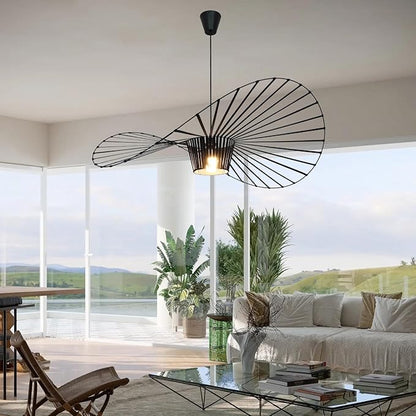 Modern Black Woven Chandelier, 39.37" Farmhouse Coastal Hat Pendant Light Fixtures Matte Black Handwoven Shade Boho Pendant Hanging Lamp for Kitchen Dining Room Bedroom Foyer Hallway