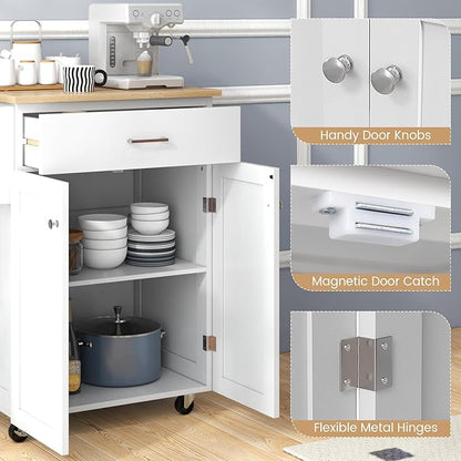 Giantex Kitchen Island with Storage, Rolling Island Table with Cabinet, Adjustable Shelf, Drawer, Towel Rack & Spice Rack, Small Bar Kitchen Cart On Wheels for Living Dining Room, White