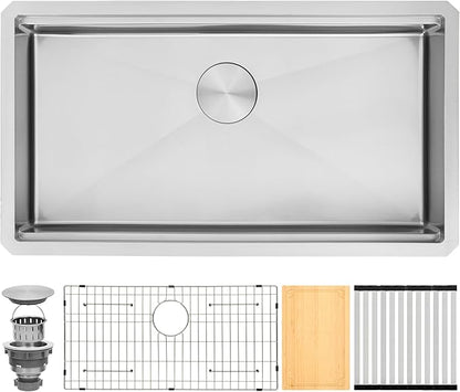 Undermount Kitchen Sink, 16 Gauge SUS304 Stainless Steel All In One Workstation Sink with Ledge & Accessories,32" x 18" x 6" Large Single Bowl ADA-Compliant Kitchen Sinks,6 Inch Deep ADA Sink