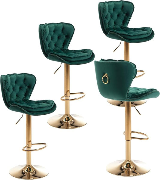 Rhomtree 24-33 Inch Swivel Bar Stools, Adjustable Counter Height Barstools, Velvet Back and Golden Footrest, Bar Chairs for Kitchen Island, Cafe, Bar, Bar Counter, Dining Room, Coffee(Green Set of 4)