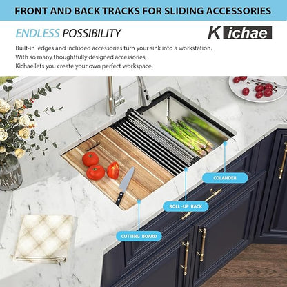 Kichae 28 inch Undermount Kitchen Sink Black - 28"x19" Granite Composite Kitchen Sink Ledge Workstation Undermount Black Quartz 10" Deep Under Counter Single Bowl Sinks