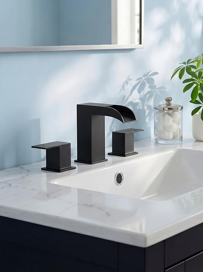 FORIOUS Matte Black Bathroom Faucets 3 Hole, 8 Inch Widespread Square Waterfall Bathroom Sink Faucet with Metal Pop-up Drain and cUPC Supply Lines, Two Handles for Vanity, Restroom, Commercial