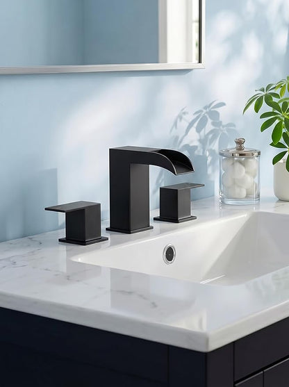FORIOUS Matte Black Bathroom Faucets 3 Hole, 8 Inch Widespread Square Waterfall Bathroom Sink Faucet with Metal Pop-up Drain and cUPC Supply Lines, Two Handles for Vanity, Restroom, Commercial