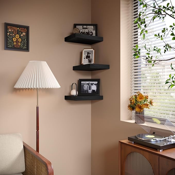 PopiShelves Small Floating Shelves for Wall - 12 x 9 Inch Black Shelves for Bedroom, Living Room, Bathroom, Kitchen, Office Decor Set of 3