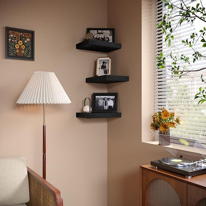 PopiShelves Small Floating Shelves for Wall - 12 x 9 Inch Black Shelves for Bedroom, Living Room, Bathroom, Kitchen, Office Decor Set of 3