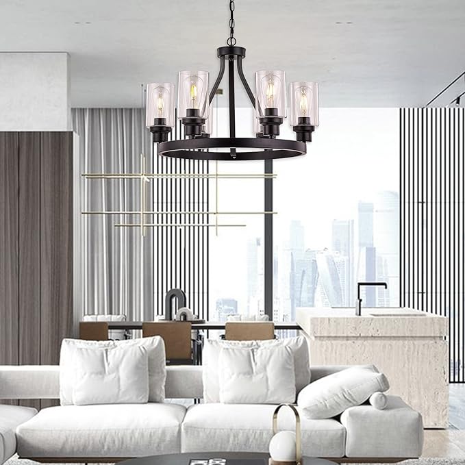 Farmhouse Chandelier for Dining Room Light Fixture Black Kitchen Pendant Light 6-Light Round Rustic Ceiling Hanging Lighting with Glass Globes Adjustable Height Metal E26