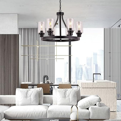 Farmhouse Chandelier for Dining Room Light Fixture Black Kitchen Pendant Light 6-Light Round Rustic Ceiling Hanging Lighting with Glass Globes Adjustable Height Metal E26