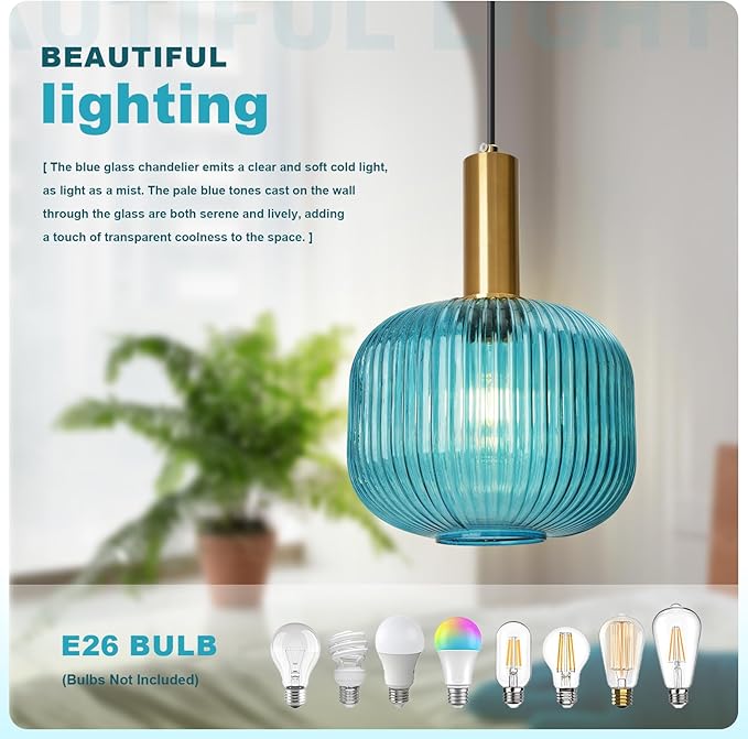 2 Pack Plug in Pendant Light, Blue Ribbed Glass Hanging Light Fixture with 14.76Ft Cord and On/Off Switch, Coastal Hanging Lamp Plug in for Kitchen Dining Room Bedroom Beach House