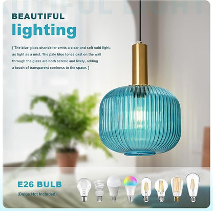 2 Pack Plug in Pendant Light, Blue Ribbed Glass Hanging Light Fixture with 14.76Ft Cord and On/Off Switch, Coastal Hanging Lamp Plug in for Kitchen Dining Room Bedroom Beach House