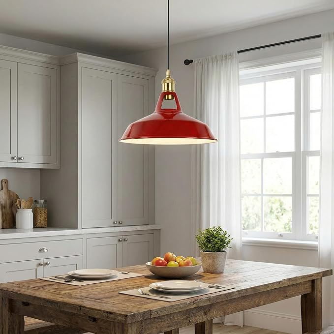 Red Industrial Farmhouse Pendant Light 1m Adjustable Cord, Vintage Barn Metal Hanging Lamp Fixture, Rustic Retro Ceiling Lighting for Kitchen Island Dining Bedroom Living Room (Red)