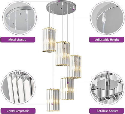 Modern Pendant Light Chrome Rectangle Pendant Lighting Mini Crystal Chandeliers Adjustable Pendant Light Fixture for Kitchen Island Dinning Room Living Room Corridor Bedroom(Chrome 5-Light)