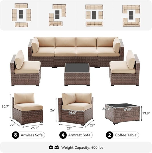 LazySunsets 14-Piece Patio Furniture Set, Wicker Rattan Outdoor Furniture with Thick Cushions, Patio Conversation Sets with Coffee Table, Outdoor Sectional Couch Sofa with Waterproof Cover, Beige
