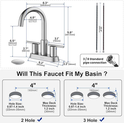 Hurran 4 Inch Bathroom Faucet for Sink 3 Hole, Brushed Nickel Bathroom Faucet with Pop-up Drain and 2 Supply Hoses,Stainless Steel Lead-Free 2-Handle Centerset Faucet for Sink Vanity RV